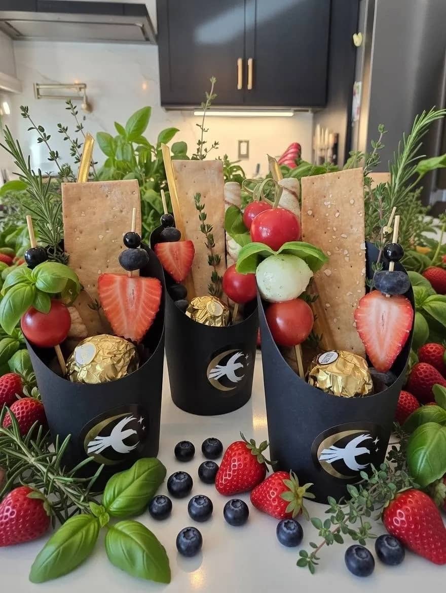 The Greenfeather vegetarian charcuterie cup with caprese skewers, herbed nuts and honey stick