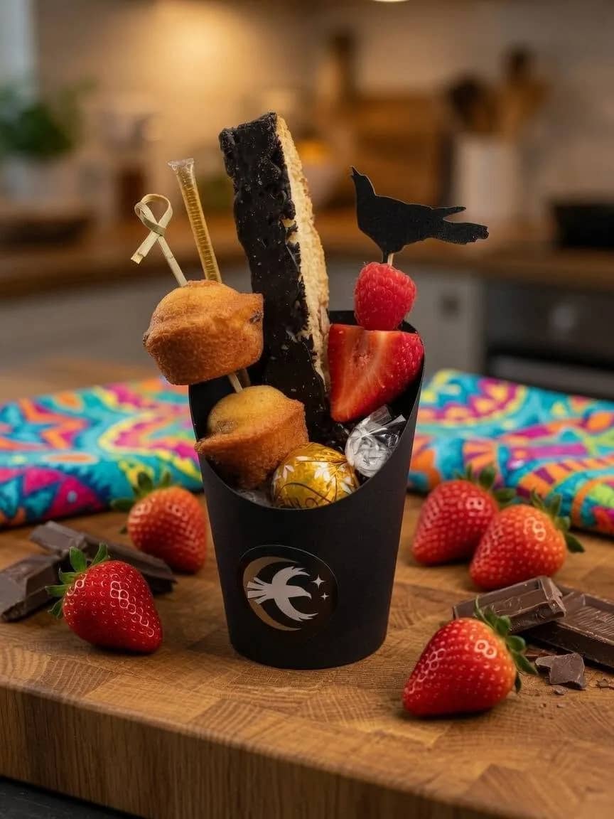 Seasonal dessert charcuterie cup with chocolate-dipped strawberries