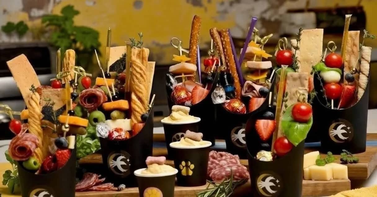 An elegant display of Cured Crow charcuterie cups arranged for a corporate event