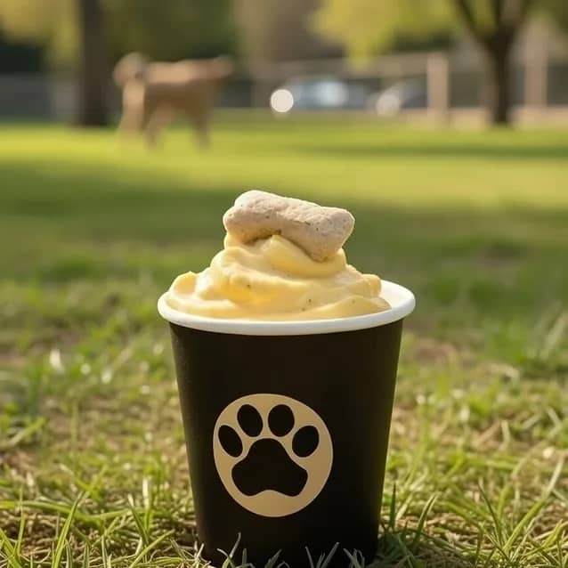 Pup Cup dog treat with whipped Greek yogurt, pumpkin puree and a mini dog biscuit
