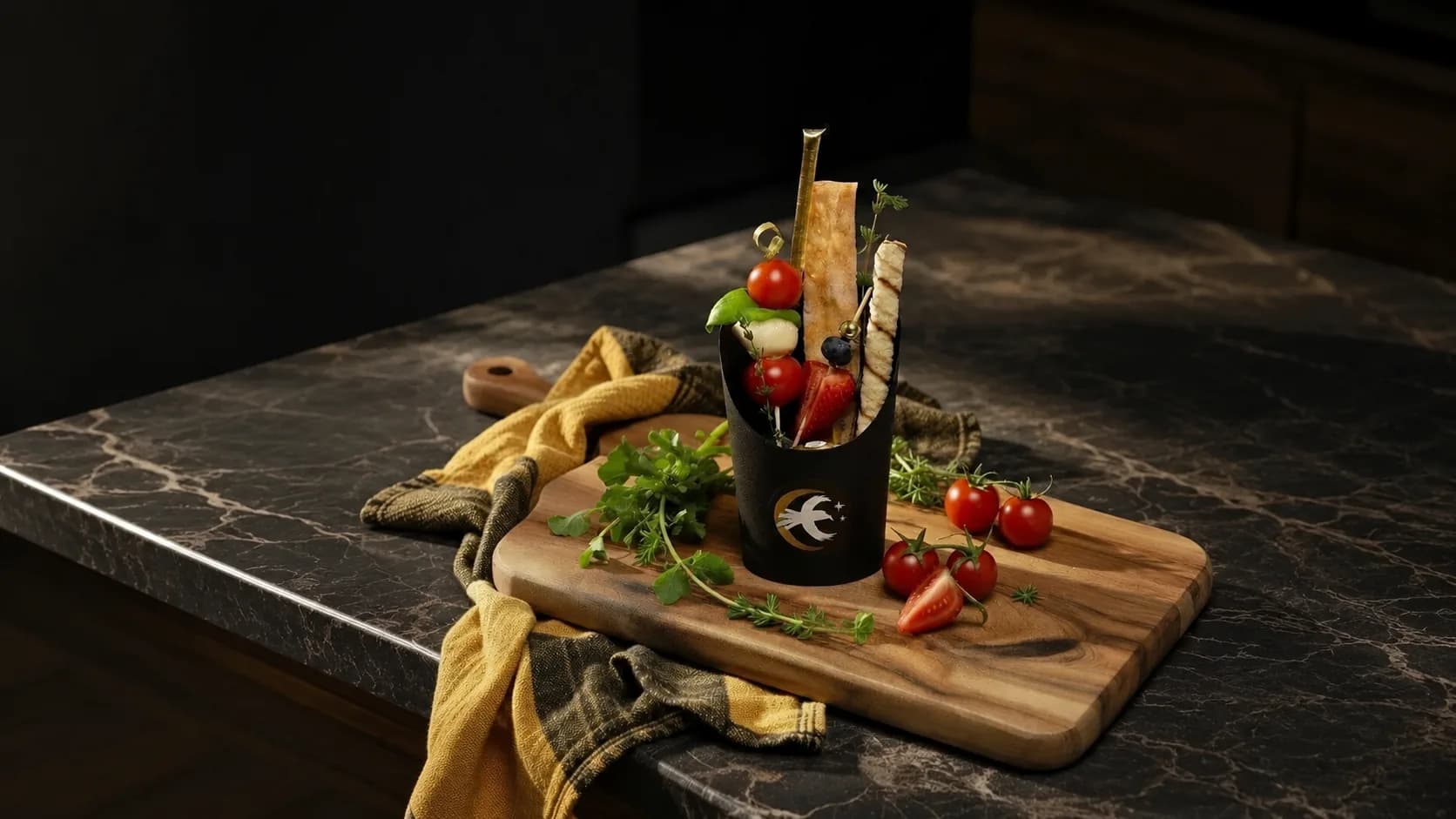 A single Cured Crow charcuterie cup beside a grazing board for a Champlin, Minnesota gathering