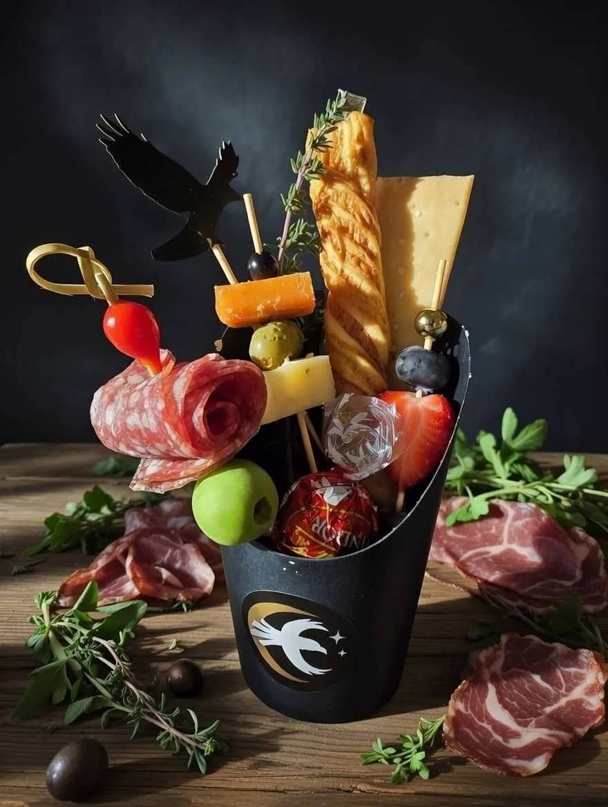 The Classic Crow charcuterie cup with cured meats, artisan cheese, olives and seasonal fruit