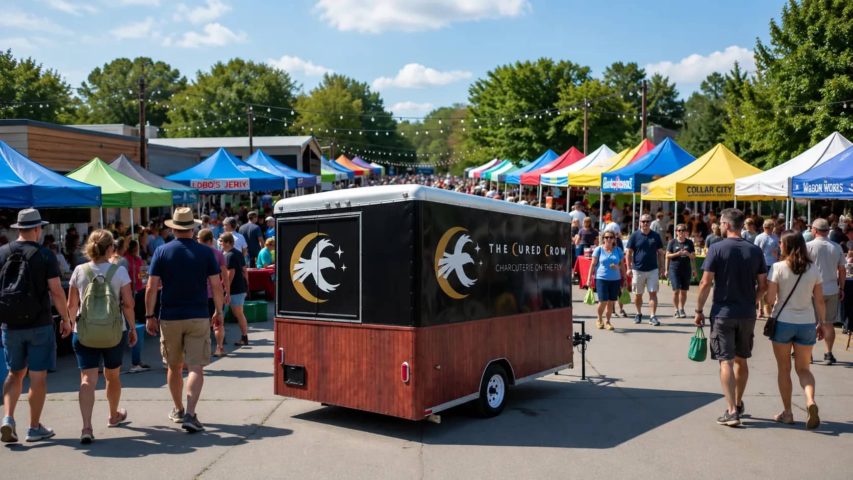 The Cured Crow charcuterie trailer parked at a busy outdoor market with vendor tents and crowds